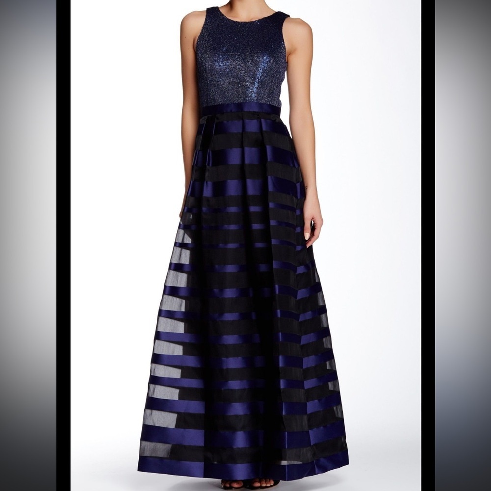 NWOT Kay Unger Navy and Black Striped Prom Dress Gown Sz 10